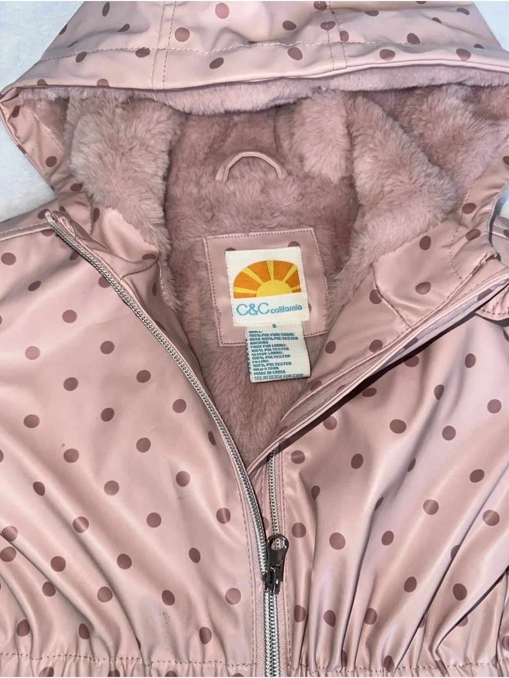 C&C California Girls Pink Polka Dot Jacket Faux Fur Lined Coat 5